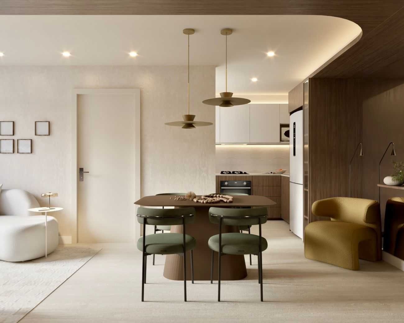 Sala de jantar e cozinha integradas do apartamento decorado do Portovelas