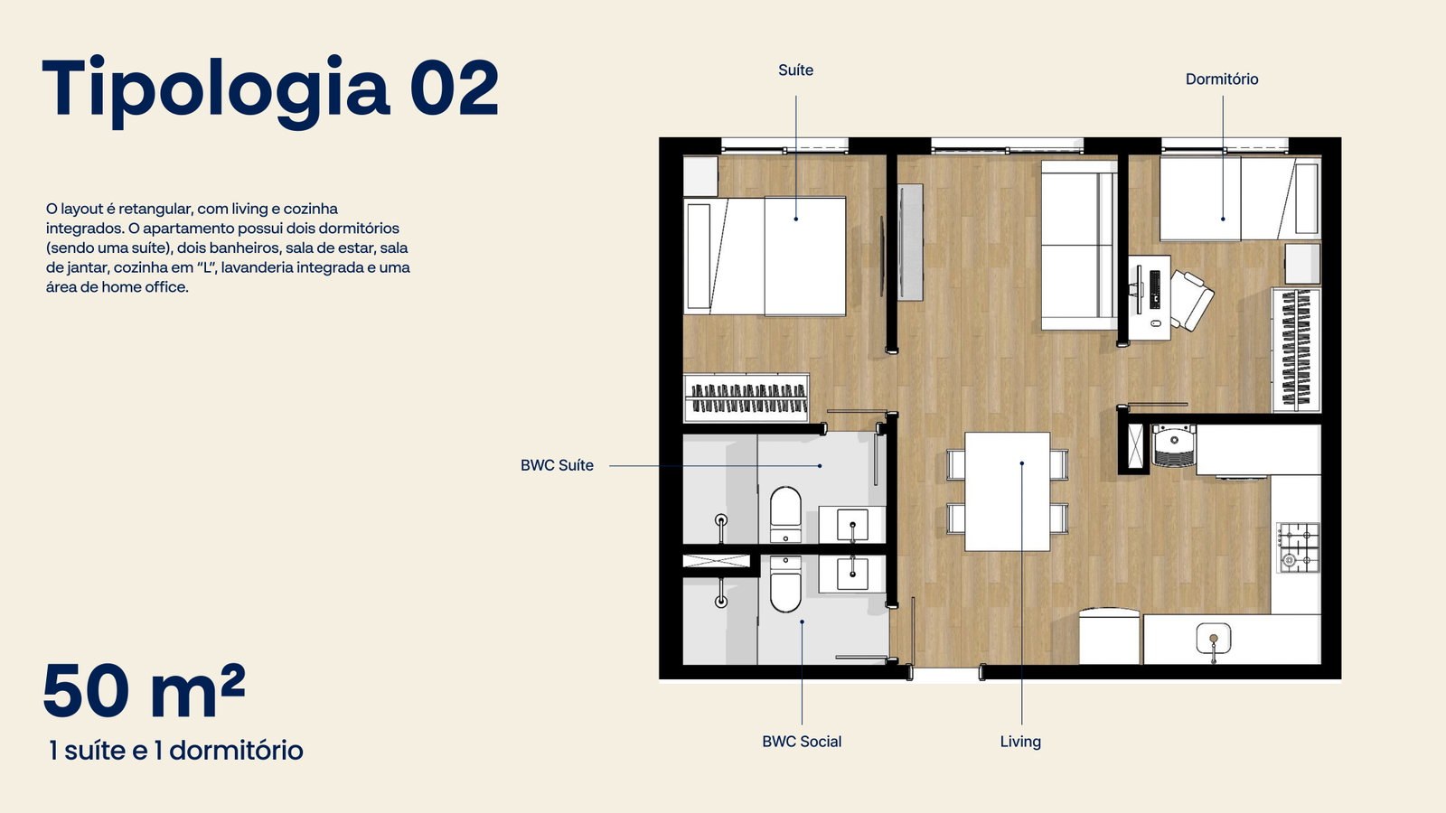 Planta da tipologia 02 do Portovelas — 50 m², 1 suíte e 1 dormitório