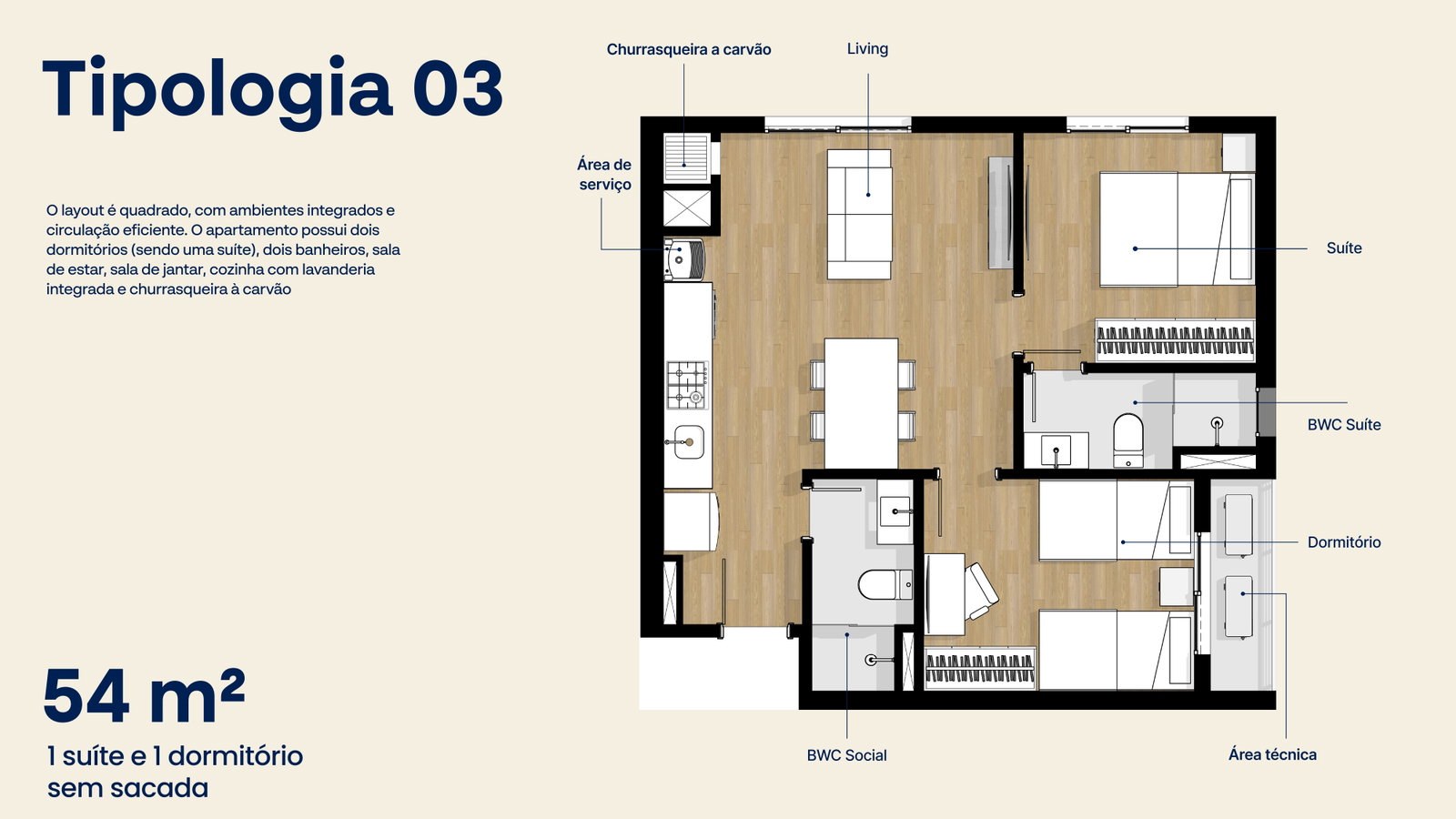 Planta da tipologia 03 do Portovelas — 54 m², 1 suíte e 1 dormitório
