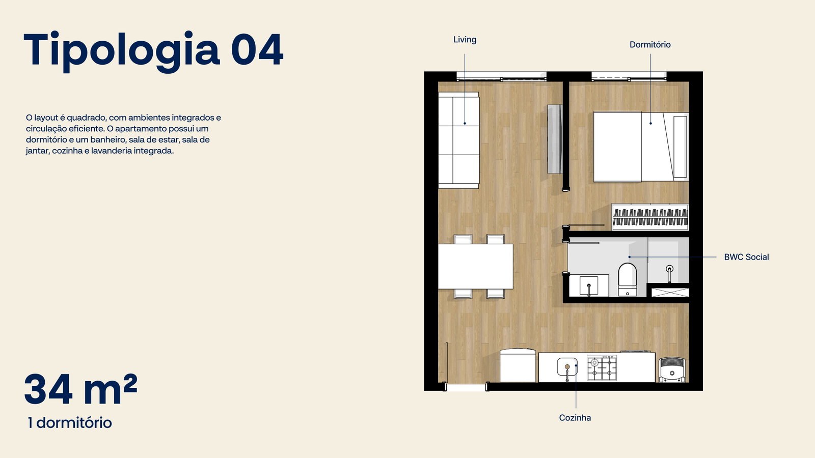 Planta da tipologia 04 do Portovelas — 34 m², 1 dormitório